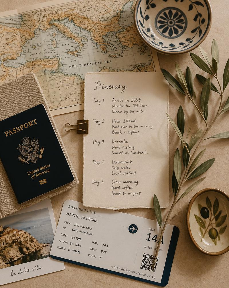 A curated travel itinerary spread with map, passport, boarding pass, and olive branch